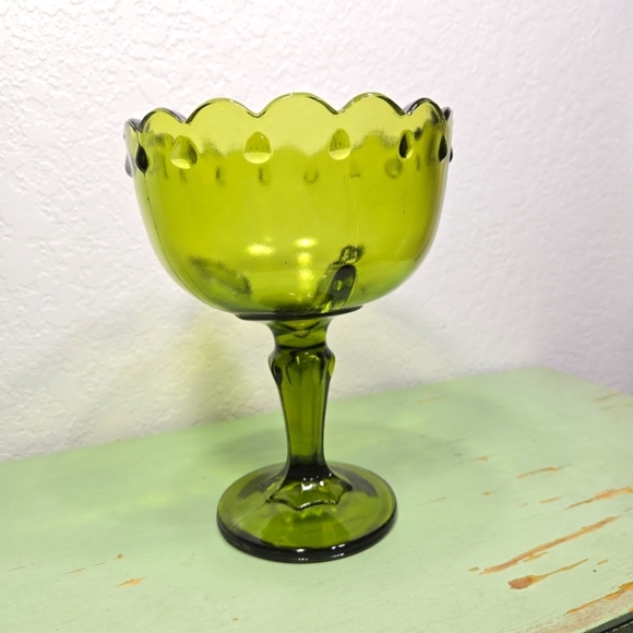 Indiana Glass Olive Green Teardrop Pedestal Compote Fruit Bowl Goblet Vintage - Picture 1 of 6